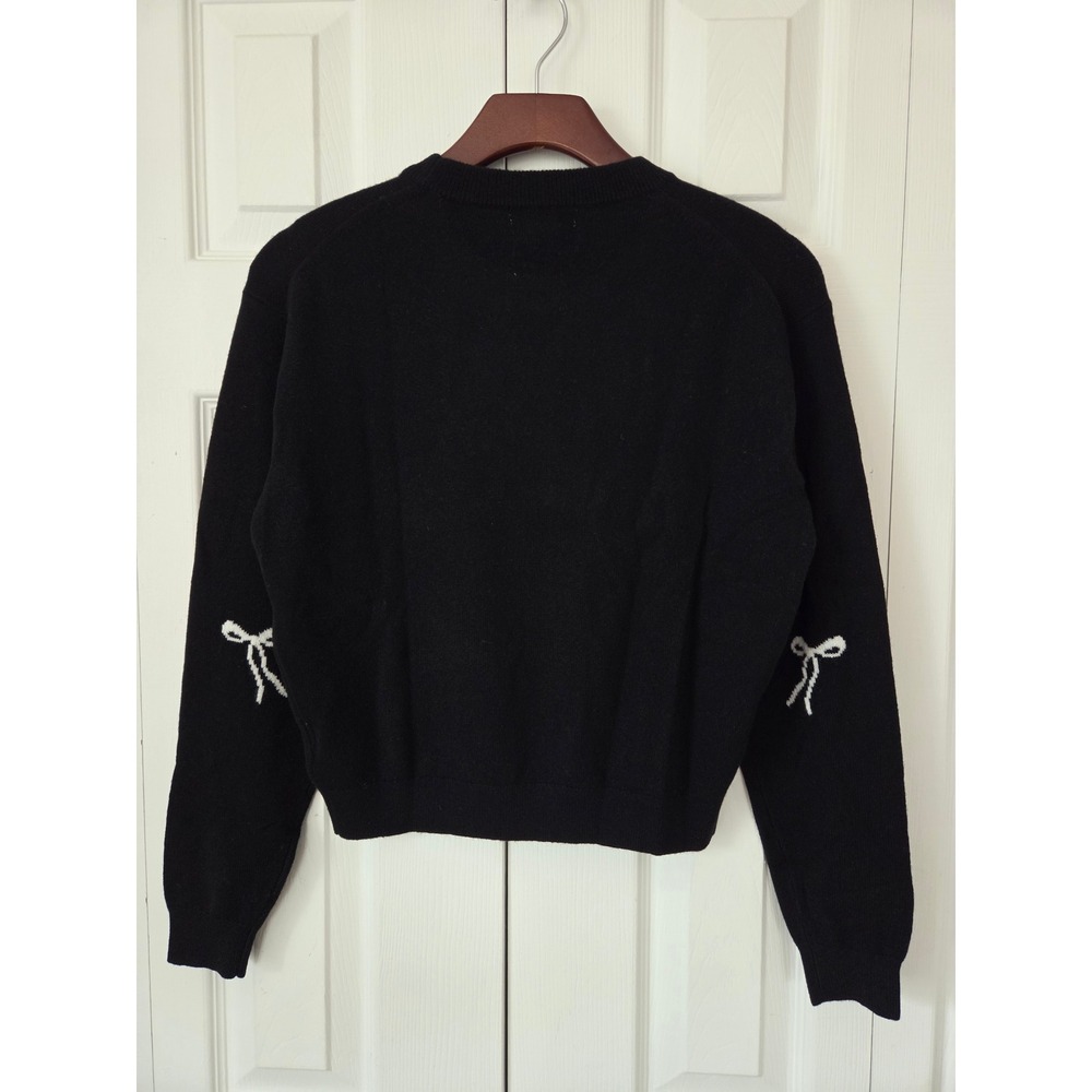 J. Crew Perfect Cashmere Crewneck Sweater Bow Print XXS Black White NWT $188 - Picture 3 of 8